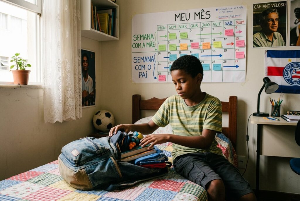 Filho com quadro de organização de guarda alternada entre os pais