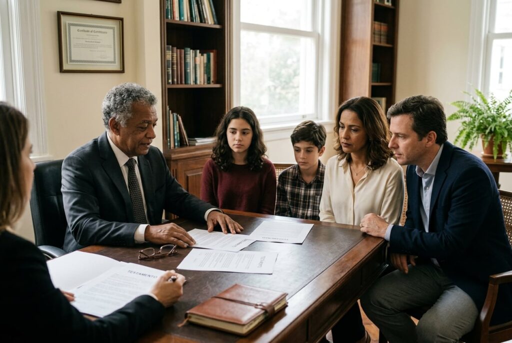 Reunião em escritório com documentos jurídicos, representando planejamento sucessório digital e testamento