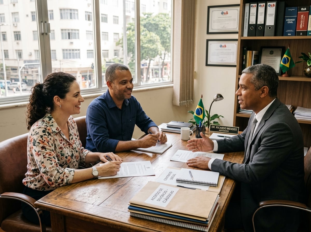 Casal em consulta com advogado para orientação sobre guarda compartilhada e mediação de conflitos