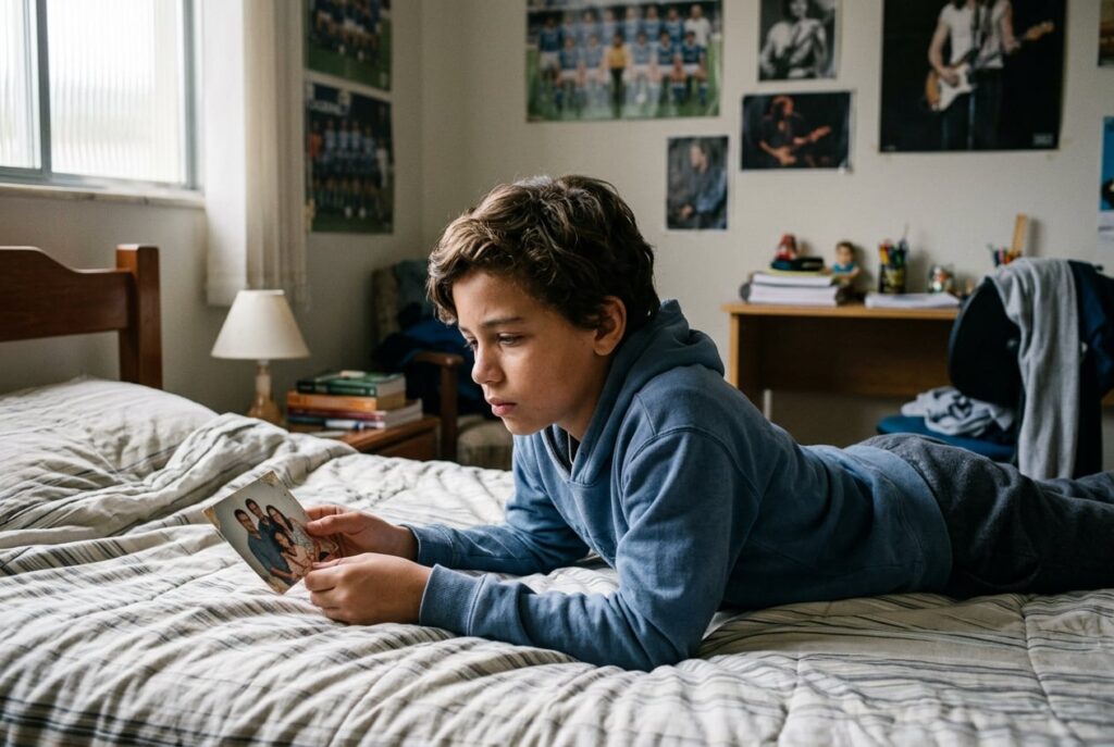 Responsabilidade Parental Convivência com Filhos Adolescente olha com saudades para foto da família como exemplo de responsabilidade parental