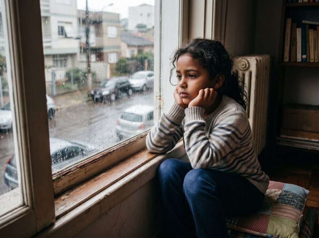 Jovem olhanod a chuva na janela com expressão reflexiva representando dúvidas emocionais em relações familiares
