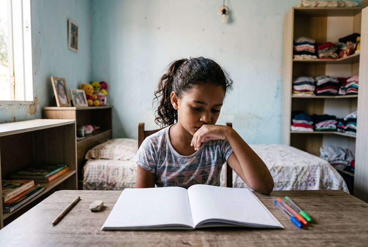 Criança com caderno escolar representando a decisão sobre matrícula na guarda compartilhada