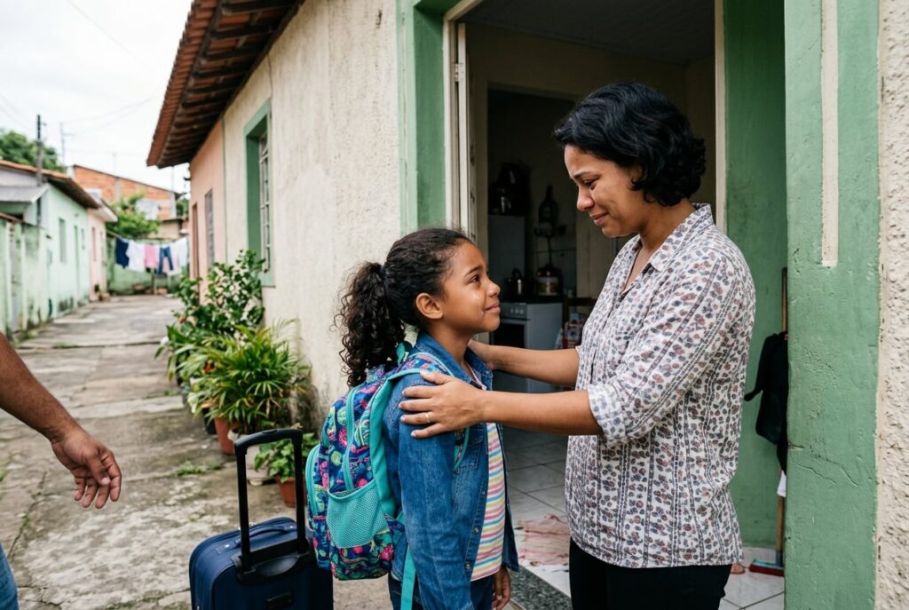 Garota saindod e casa para visitar o pai, representando o afastamento do convívio familiar sem abandono parental