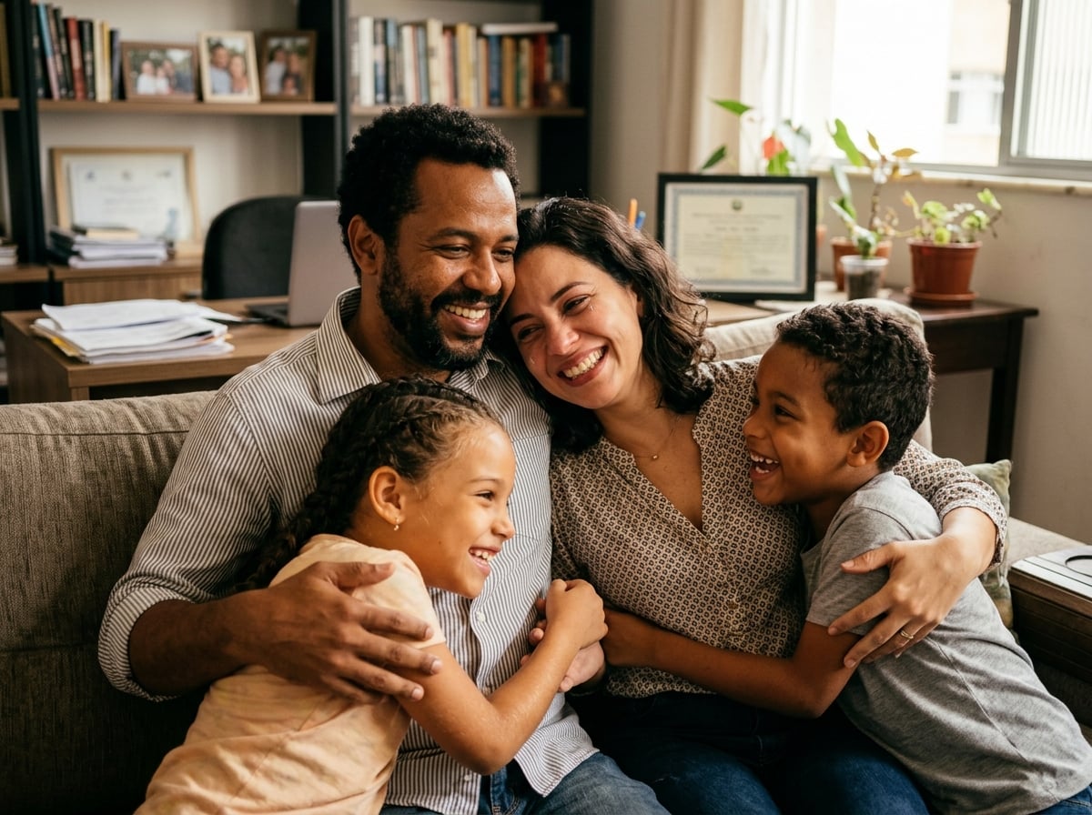 Família feliz reunida representando o resultado positivo da guarda compartilhada bem organizada