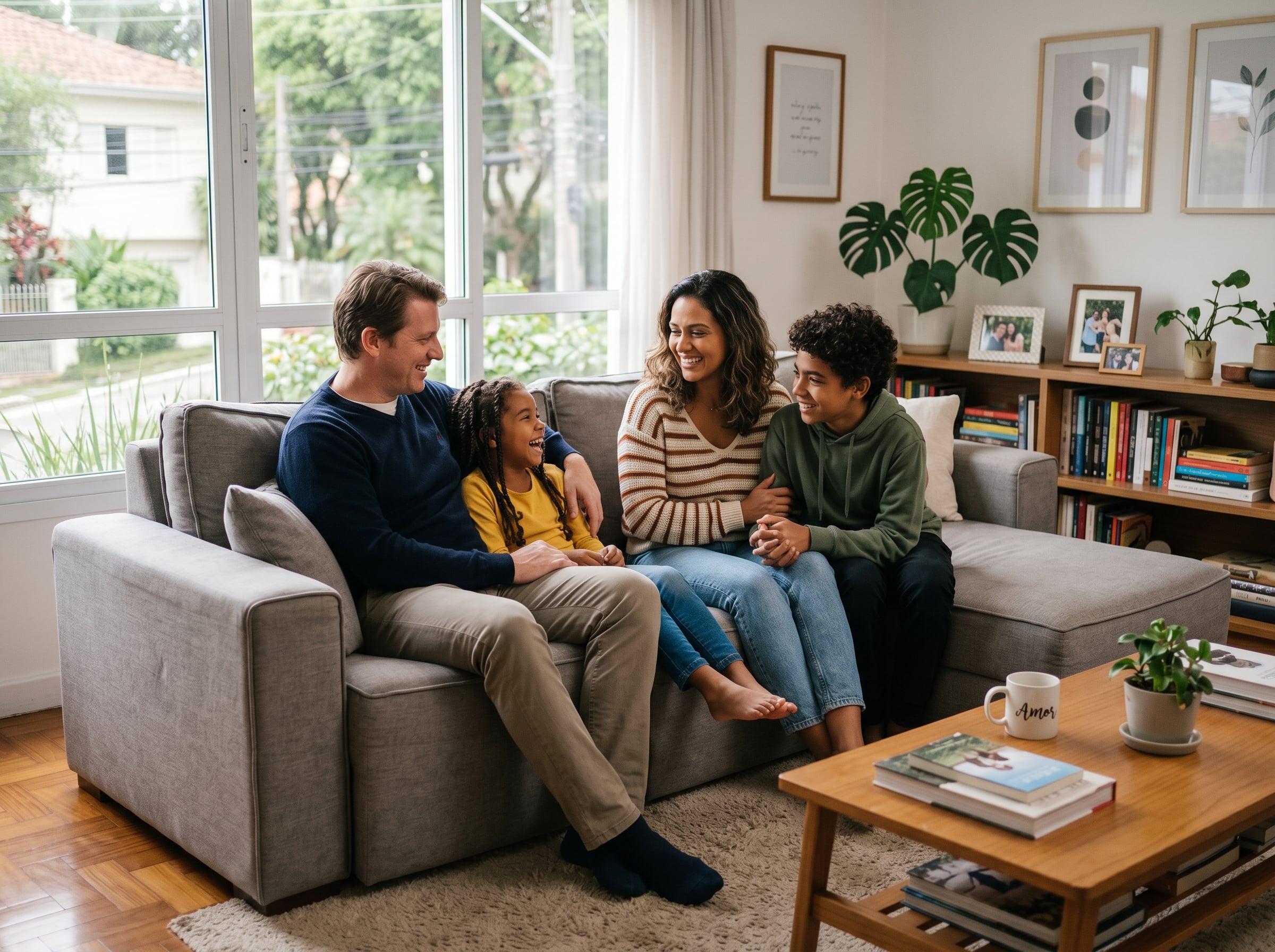 Família brasileira reunida na sala de casa representando a convivência na guarda compartilhada