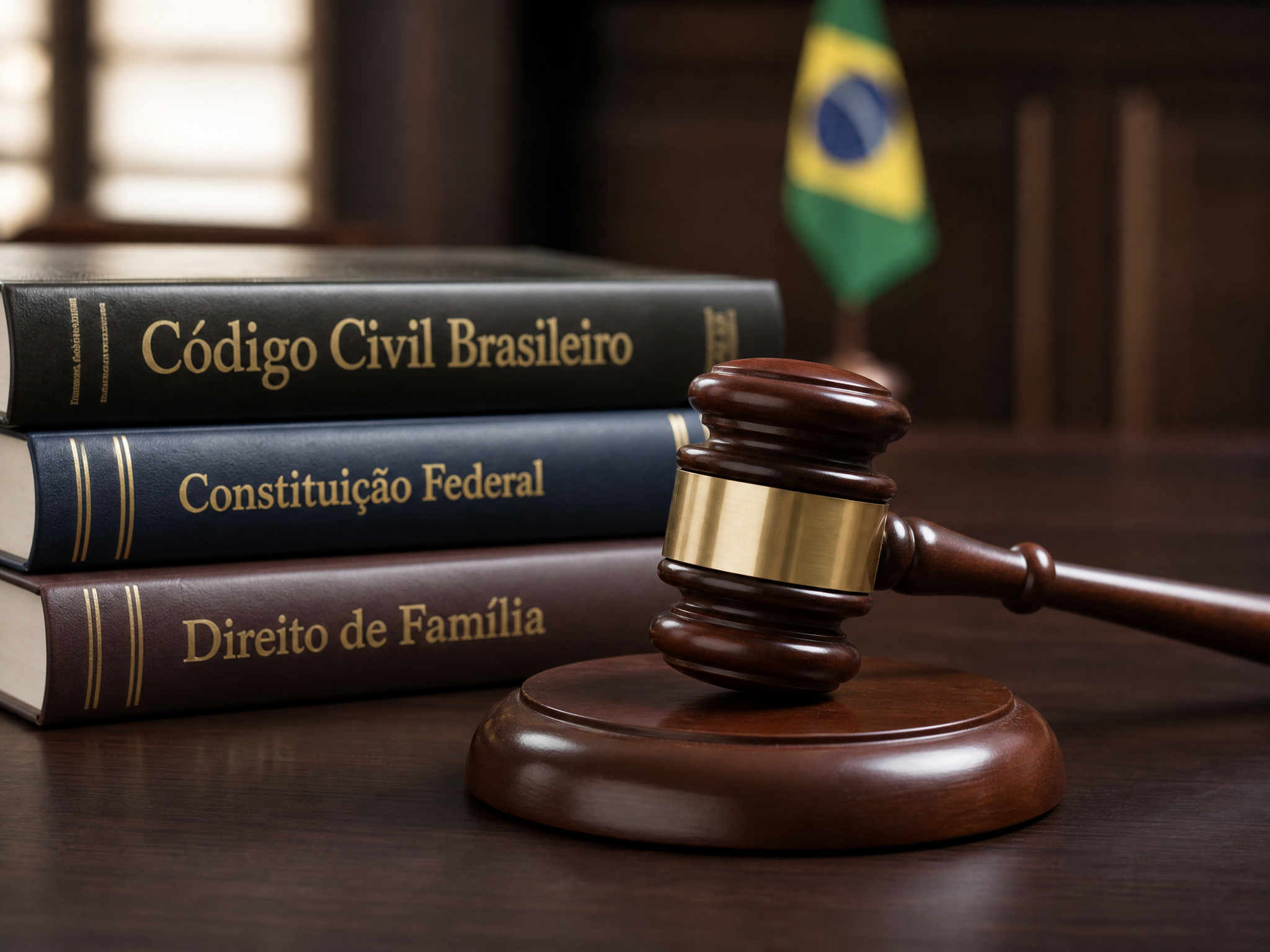 Martelo de juiz e livros jurídicos sobre execução de alimentos