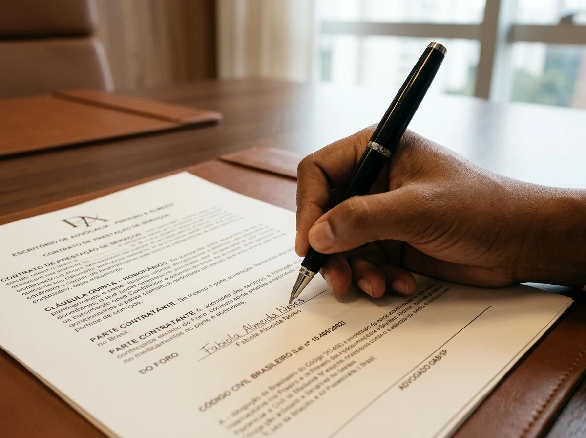 Mão assinando documento necessário para divórcio online em cartório