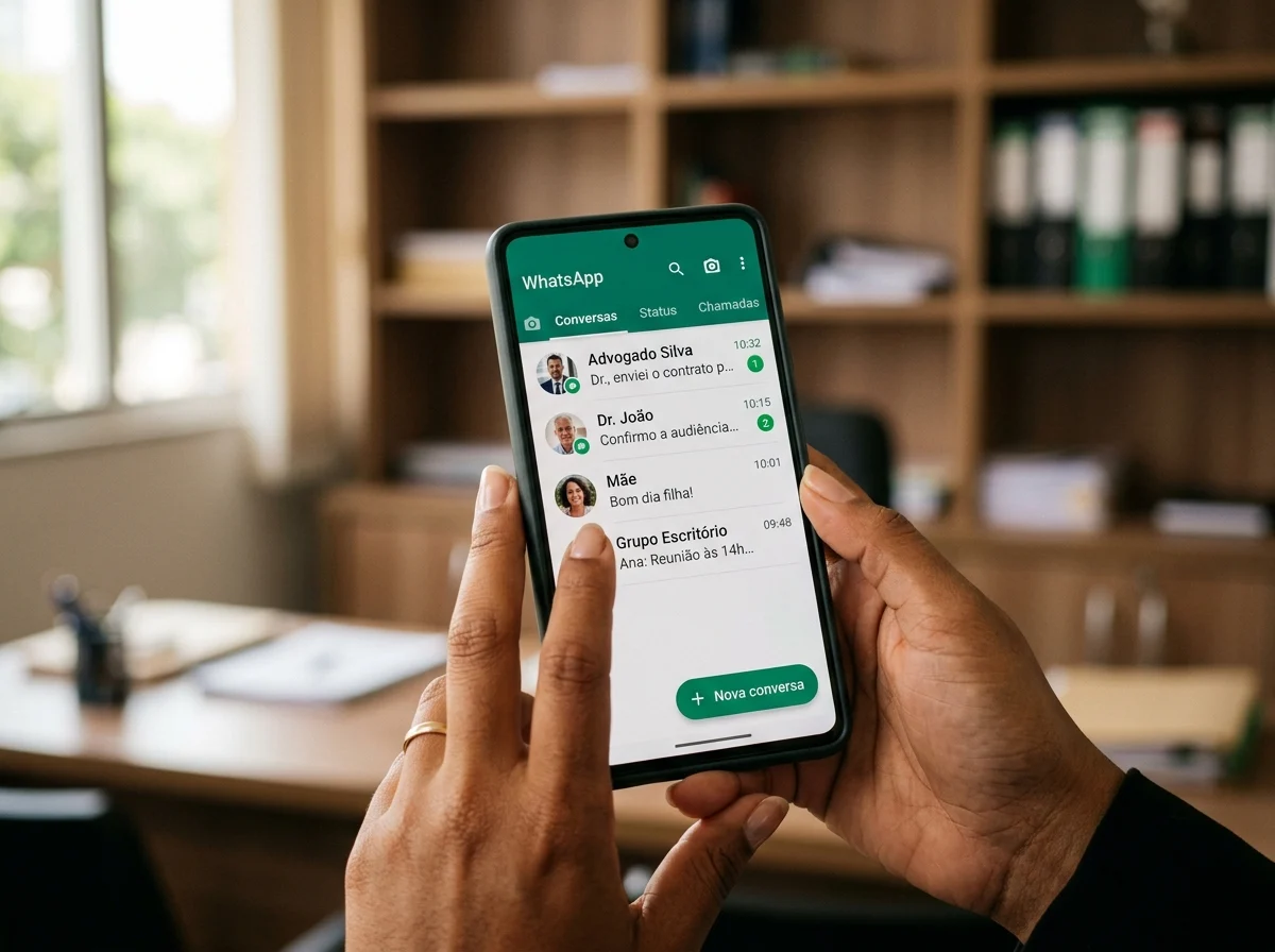 Mão segurando celular com WhatsApp em escritório de advocacia para contato sobre divórcio online em Brasília