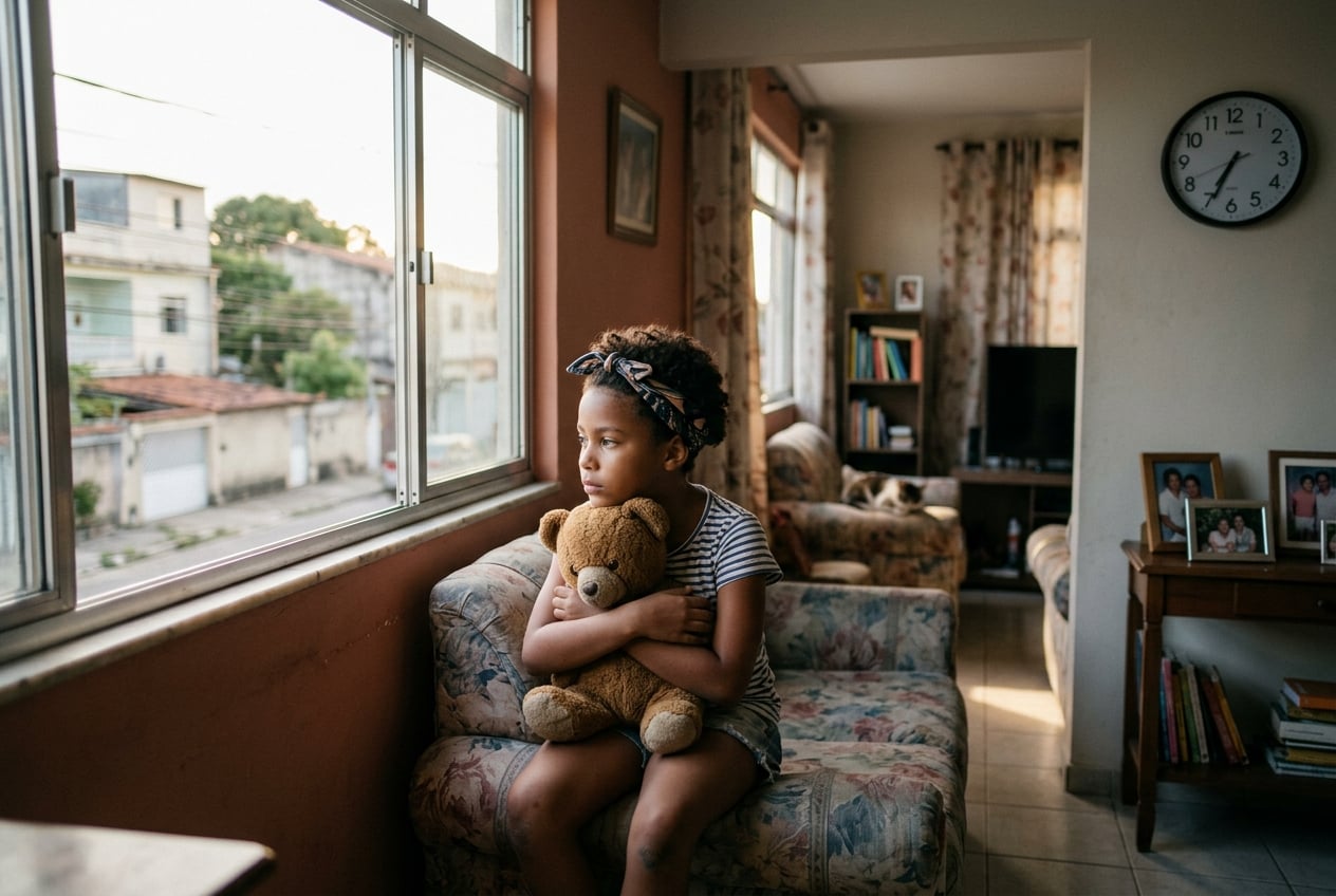 Criança triste refletindo sobre o impacto da pensão alimentícia não paga