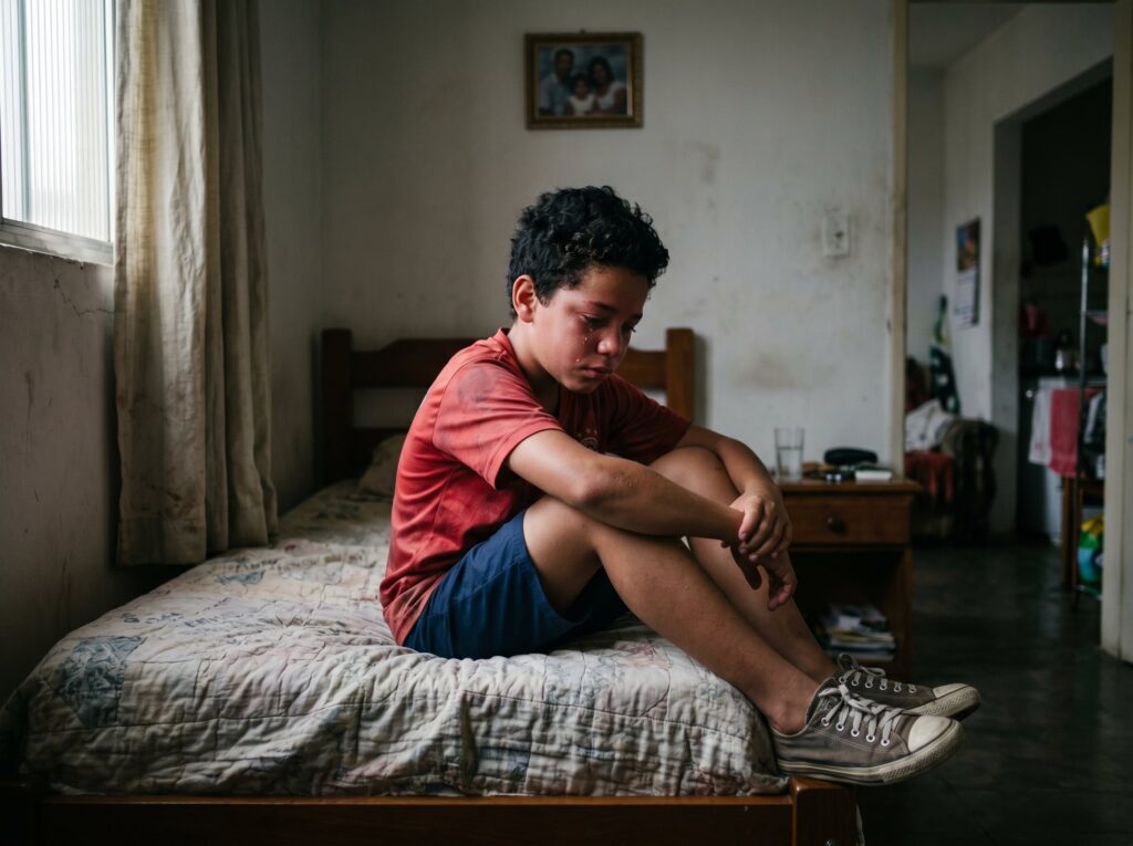Menino triste chorando na cama representando o sofrimento da vítima do abandono parental