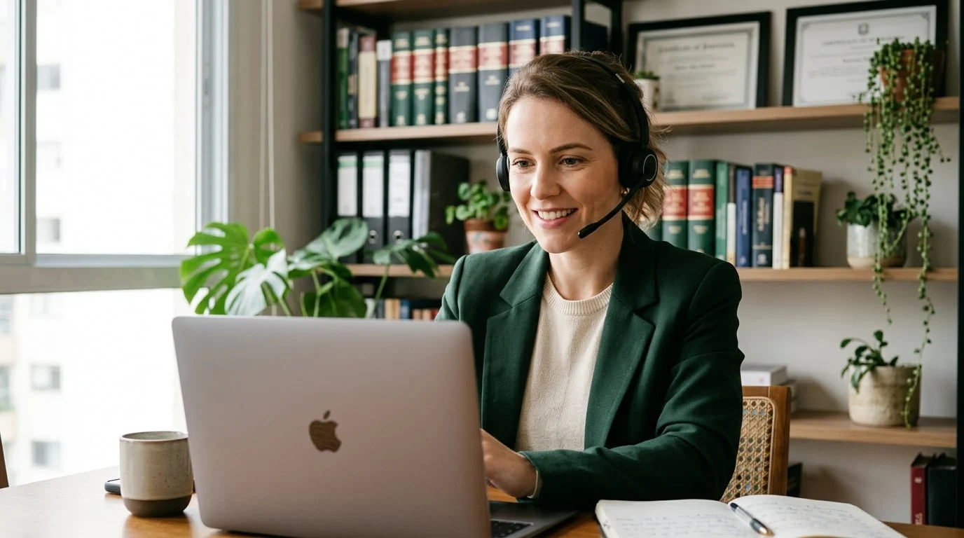 Mulher participando de atendimento online para tratar de documentos e divórcio consensual
