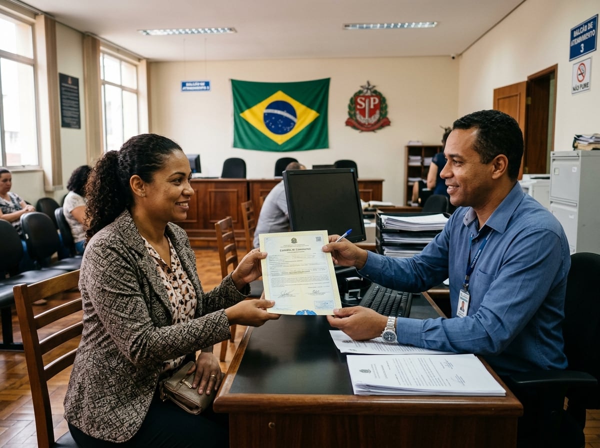 Mulher em cartório de notas formalizando divórcio extrajudicial em Brasília DF