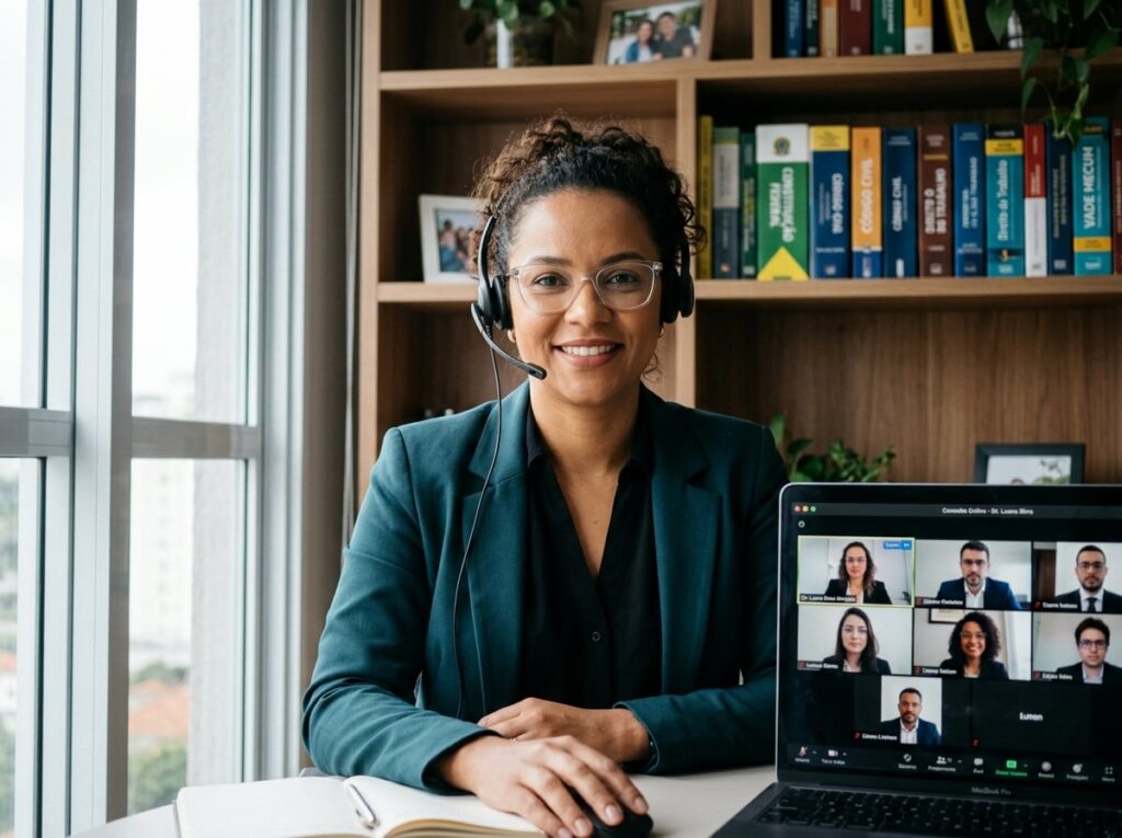 Mulher participando de atendimento online para tratar de documentos e divórcio consensual