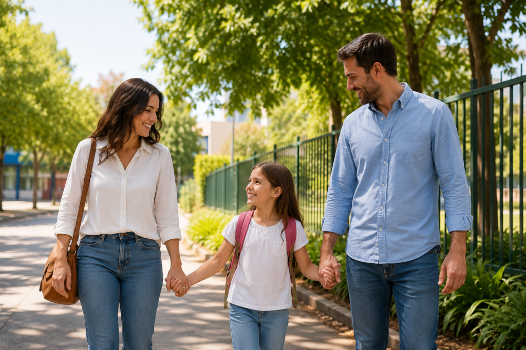 Família caminhando em parque, representando a convivência dos filhos com pais separados