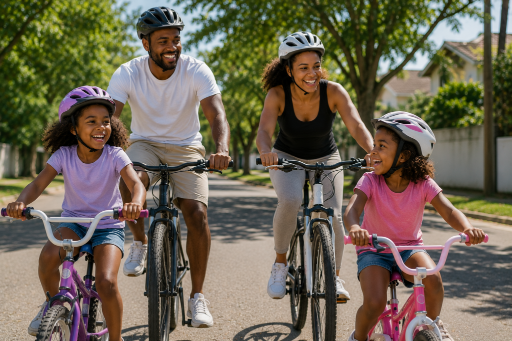 Família parda andando de bicicleta, representando convivência saudável e bem-estar dos filhos