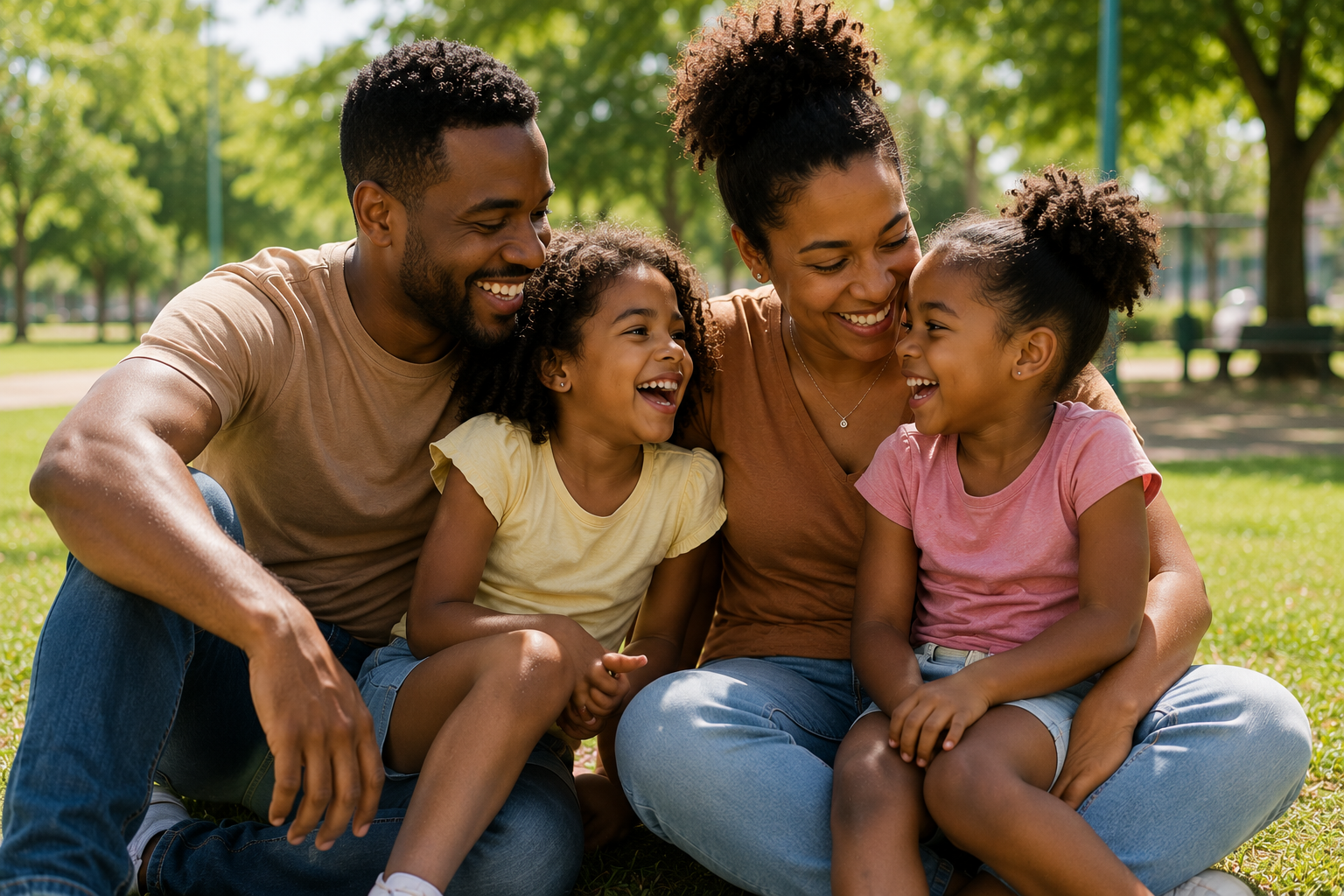 Família Negra Feliz Parque Direito de Família Família negra feliz em parque representando impactos da reforma do Código Civil na vida familiar
