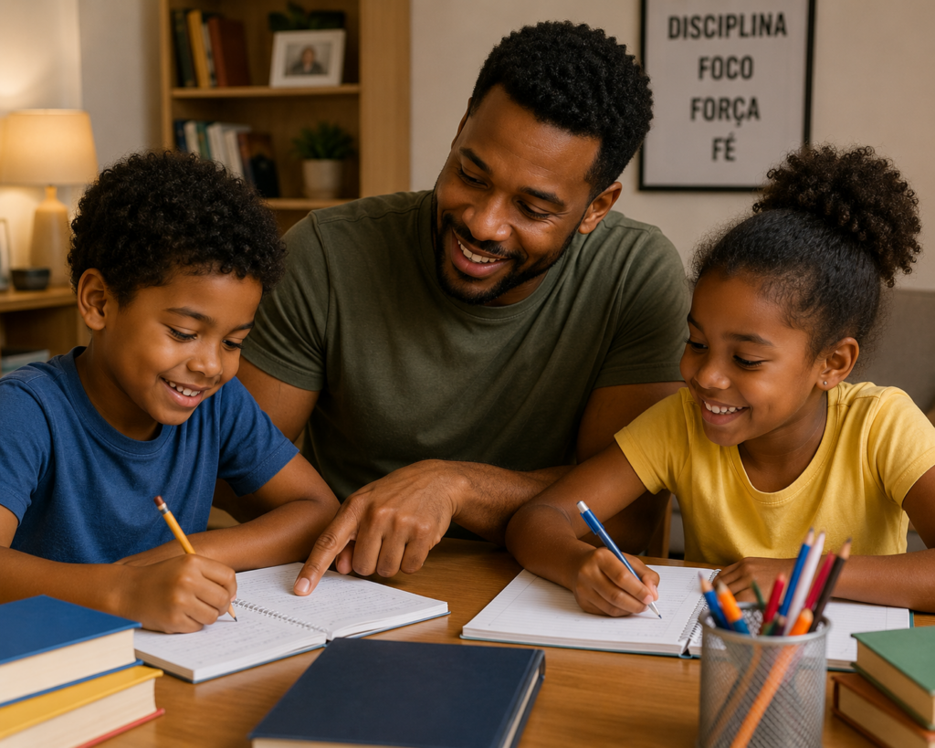 Pai estudando com os filhos, representando organização e participação na rotina familiar