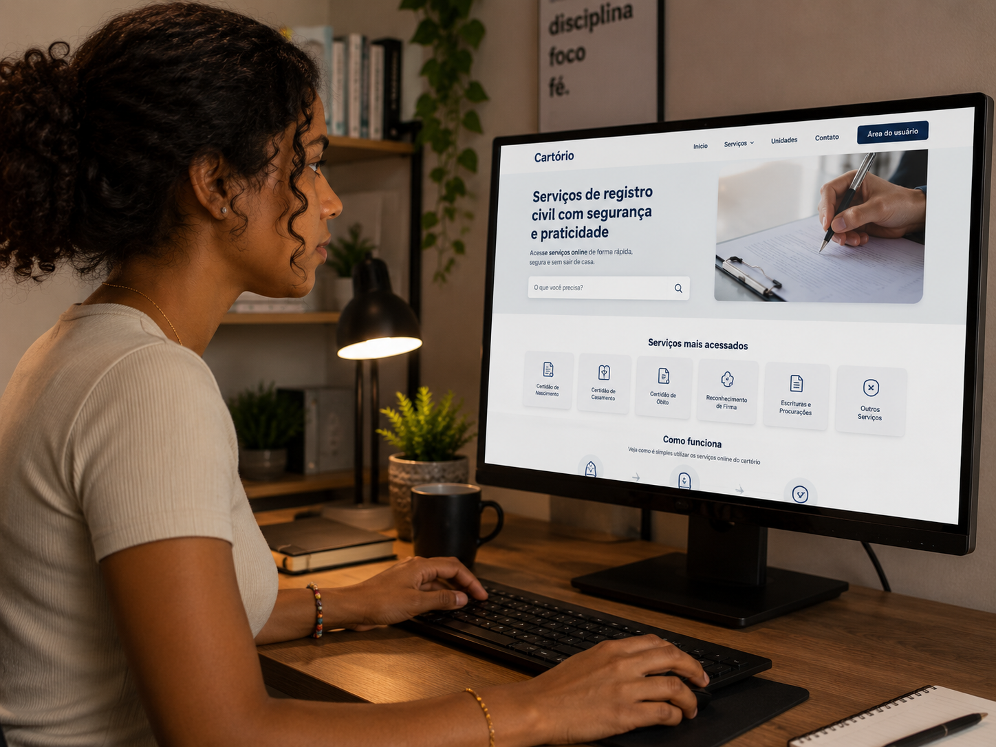 Pessoa usando computador para acessar serviço de cartório online durante procedimento de divórcio digital